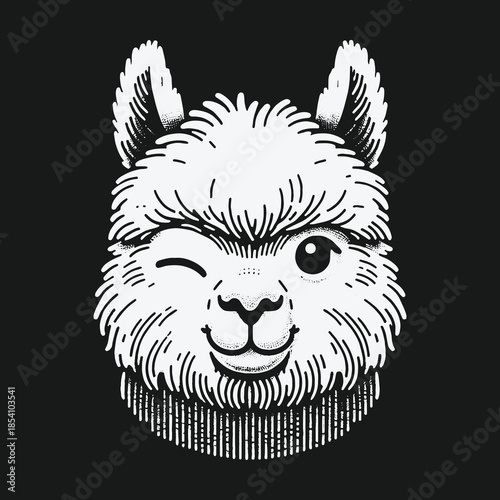 Cute winking alpaca head in black and white illustration style.