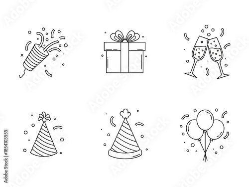 Celebratory icons set against a clean white background, featuring party hats, champagne glasses, and festive elements.
