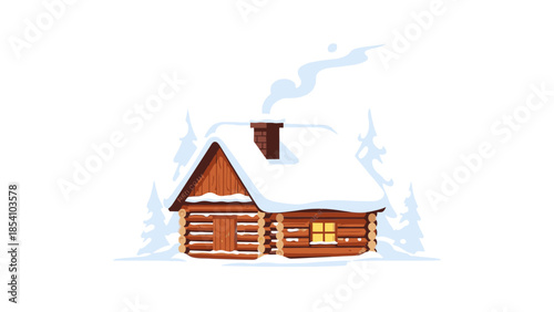Illustration of a cozy log cabin with a snow-covered roof and lit window surrounded by snow-covered trees on a white background.