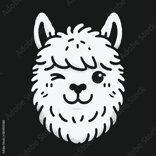 Cute winking alpaca head cartoon illustration on black background.