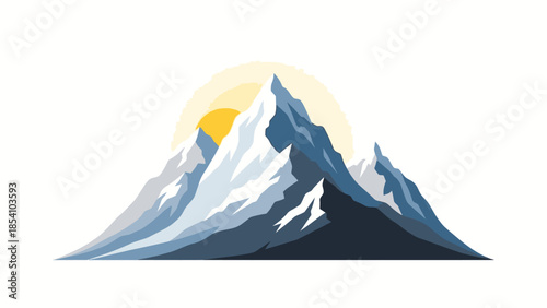 Illustration of a mountain range with snow and a sun rising behind it in a graphic style against a white background.