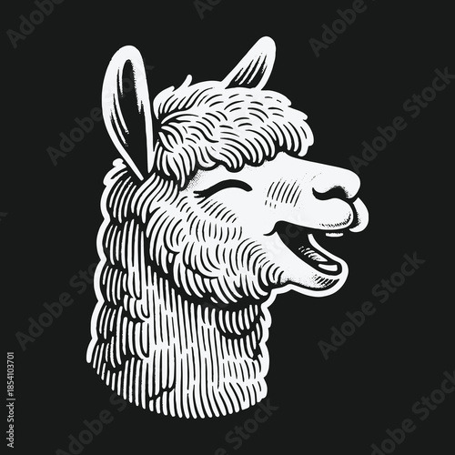 Happy Smiling Llama Head in Vintage Engraving Style.