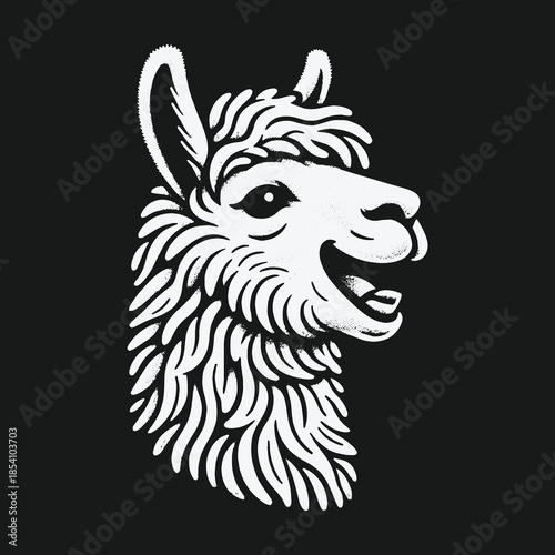 Happy Llama Head Vector Illustration in Black and White.