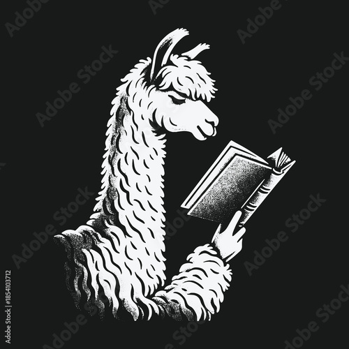 A scholarly llama with human arms reading a book illustration.