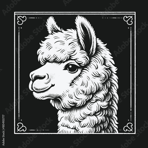 Elegant black and white alpaca portrait in vintage engraving style.