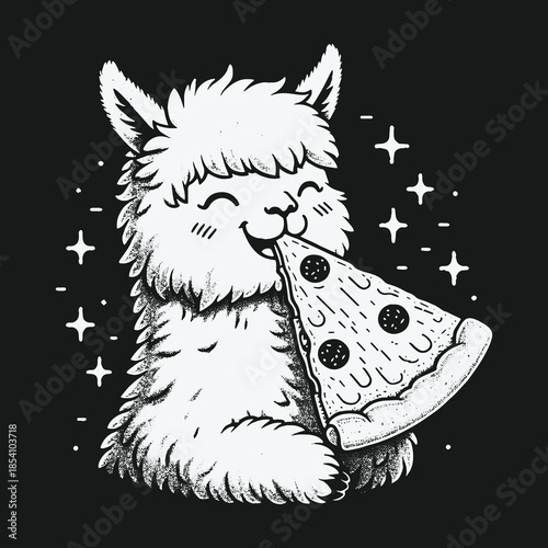 Cute fluffy alpaca happily eating a slice of pepperoni pizza.