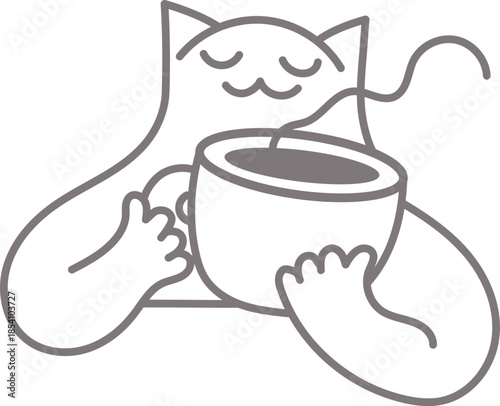 Relaxed Cute Cat Holding Coffee Cup Minimal Line Art Illustration for Cozy Morning and Cafe Design