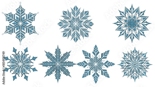 A flat lay of six intricate blue snowflakes with various symmetrical patterns on a clean white background.