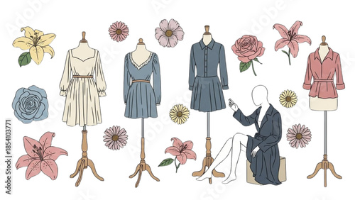 A fashion designer creating a collection of elegant dresses surrounded by mannequins and flowers