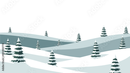 Illustration of a snowy landscape with coniferous trees on rolling hills in shades of blue and white with a calm and serene mood.