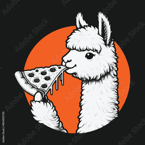 Funny cartoon llama eating a delicious slice of pepperoni pizza.