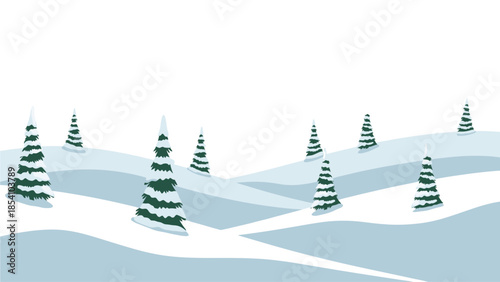 Illustration of a snowy landscape with green pine trees on rolling hills against a white background with a serene and wintry mood.