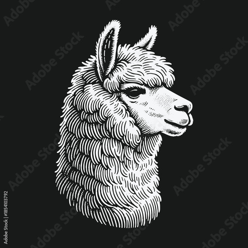 Vintage engraving style illustration of a llama head portrait on a black background.