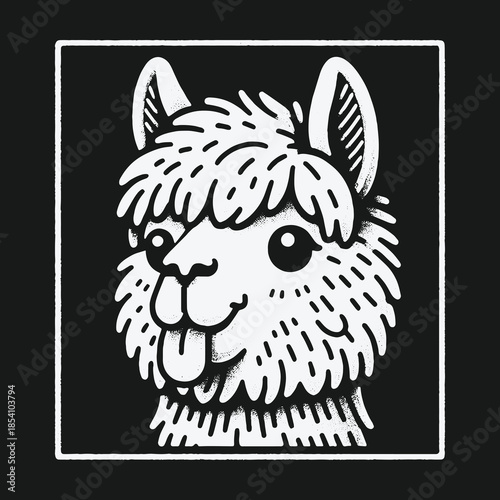 Funny cartoon llama head with tongue out illustration.