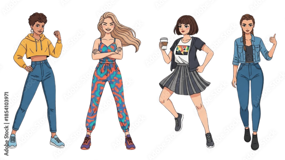 Fototapeta premium Four women in various poses and outfits are illustrated against a plain white background.