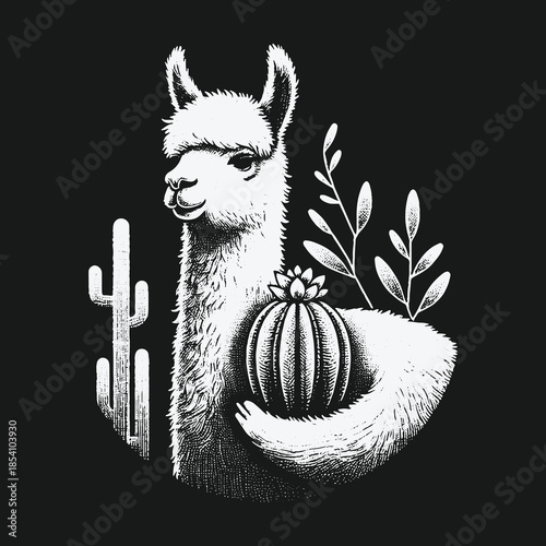 Black and white graphic illustration of a cute llama with cacti.