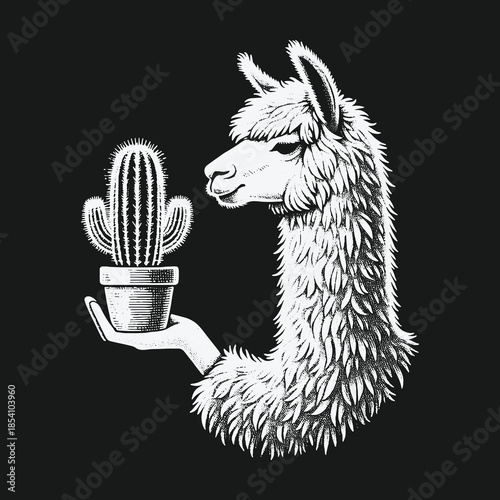 Surreal black and white illustration of a llama holding a small potted cactus.