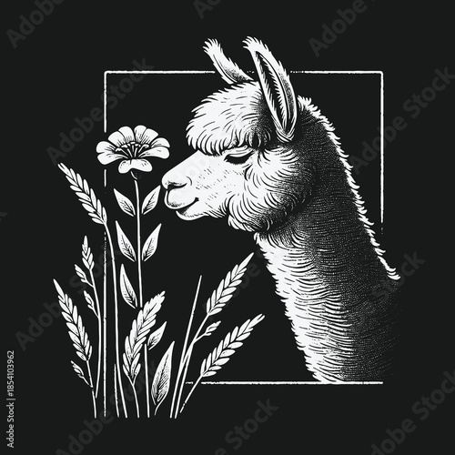 A beautiful black and white hand drawn illustration of a llama smelling a flower.