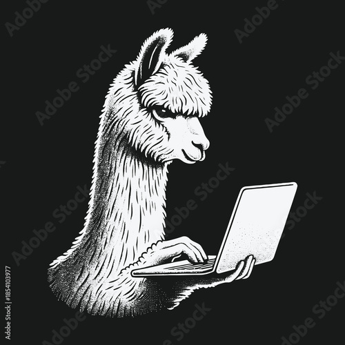 Monochrome illustration of a serious llama using a laptop computer.