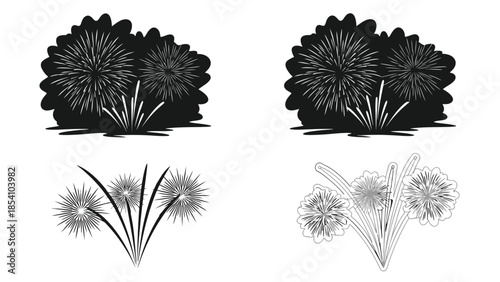 Illustration of stylized bushes and flower arrangements in black and white