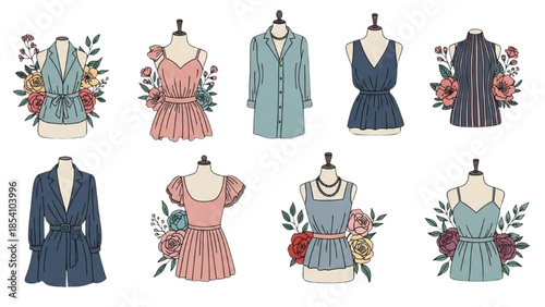 Assorted elegant dresses and tops displayed on mannequins surrounded by flowers and foliage