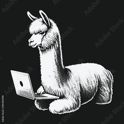 Funny Alpaca Llama Working on a Laptop Computer Illustration.
