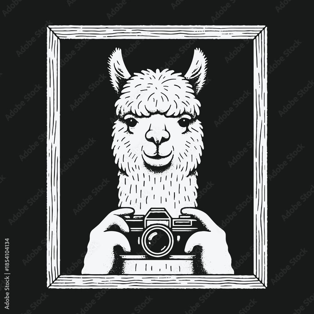 Naklejka premium Monochrome hand drawn illustration of a llama holding a vintage camera.