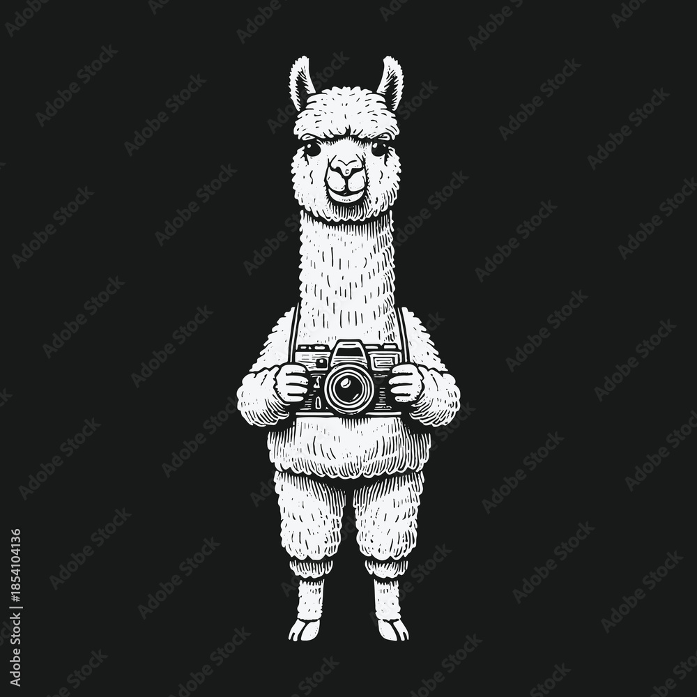 Fototapeta premium Hand drawn illustration of a llama photographer holding a camera.