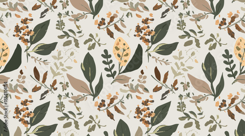 Vector template featuring earthy organic motifs in a repeating pattern with a flat design aesthetic, incorporating natural elements such as leaves and flowers