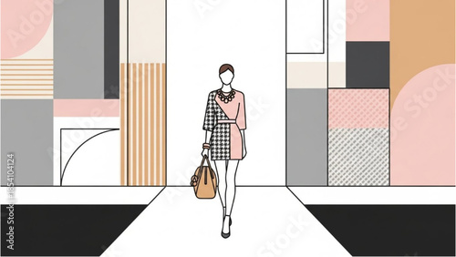 Woman walking down a hallway with a bag in a modern abstract setting