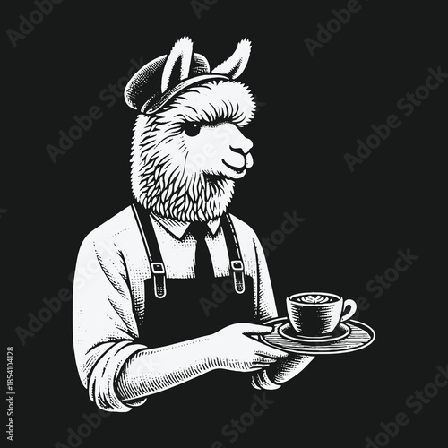Monochrome illustration of a dapper llama barista serving a fresh cup of coffee.