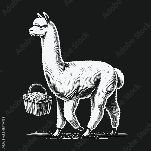 Vintage engraving style illustration of a llama with a picnic basket.