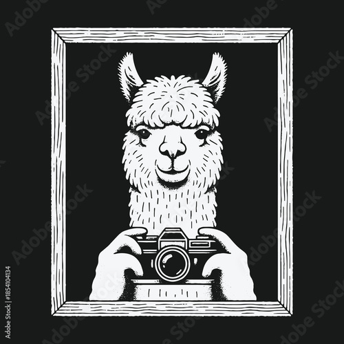 Monochrome hand drawn illustration of a llama holding a vintage camera.