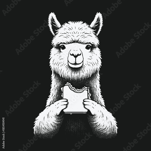 Monochrome illustration of a cute fluffy llama eating a sandwich.