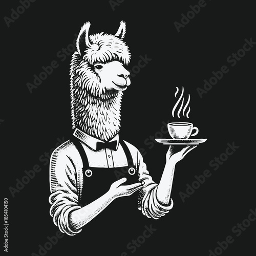 Dapper llama waiter in an apron and bow tie serving hot coffee.