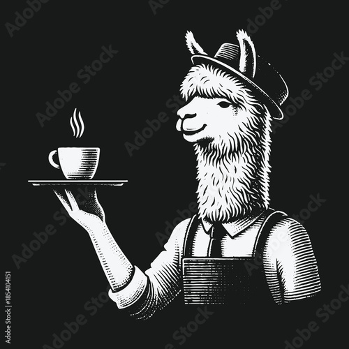 A charming llama barista in vintage attire serving hot coffee.