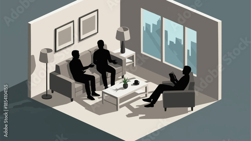 Three People Sitting in Living Room.