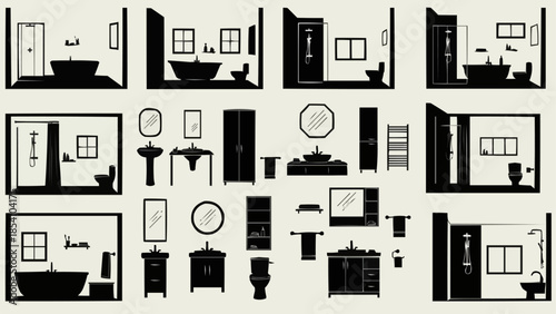 Bathroom Interior Design Elements Silhouette Set.