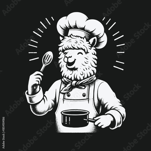 Smiling Llama Chef Character in Apron and Hat Cooking with Pot and Spoon.