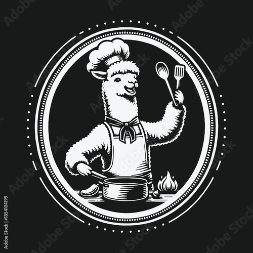 Funny Llama Chef Cooking in a Pot Vintage Logo Illustration.
