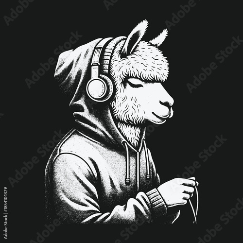 Monochrome illustration of a cool llama wearing a hoodie and headphones.