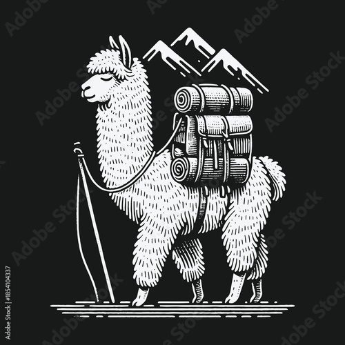 Adventurous Trekking Llama with Camping Gear Illustration.