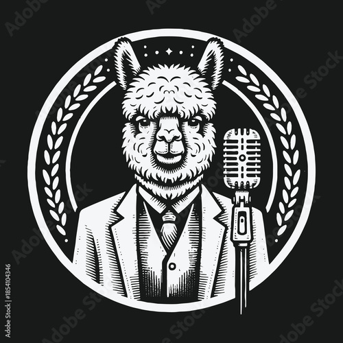 Dapper Alpaca in a Suit Speaking into a Vintage Microphone.
