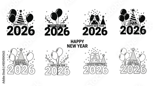 Black and white new year decorations featuring balloons hats and 2026