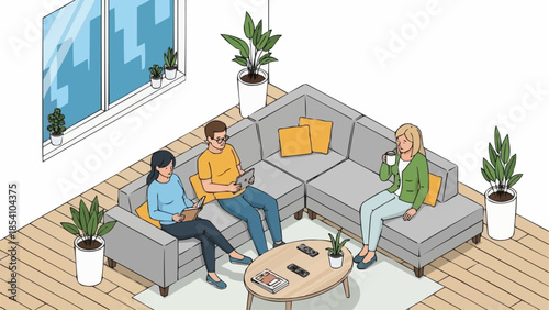 Three People Sitting on Sofa Together.