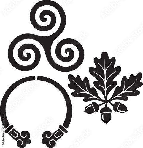 Black Celtic Triskele Symbol Open Torc Necklace and Oak Leaves Acorns white background