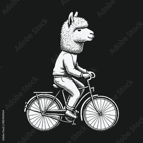 A whimsical black and white illustration of an anthropomorphic llama riding a bicycle.