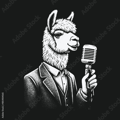 Dapper Llama in a Suit Singing into a Vintage Microphone.