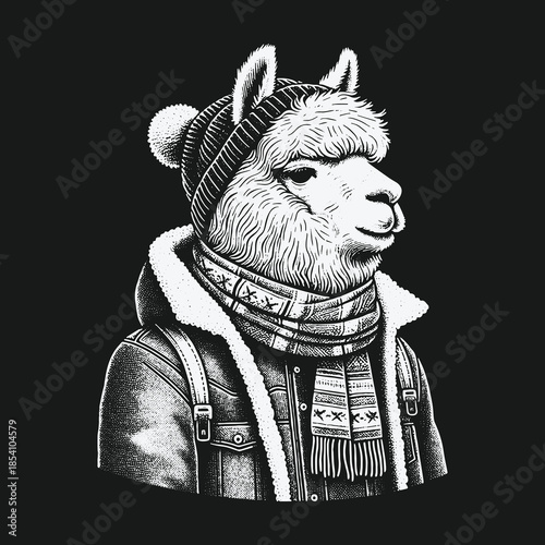 Cool Alpaca Dressed in Winter Beanie and Jacket Illustration.