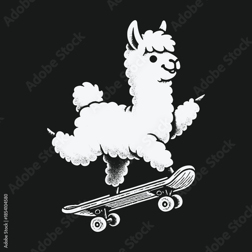 Funny white cartoon llama character riding a skateboard.
